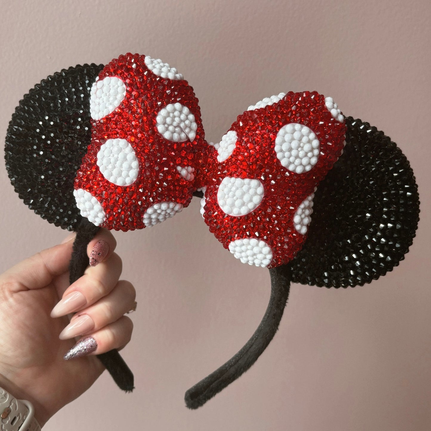 Rhinestoned Ears Headband – Hand-Embellished with Glass Rhinestones – Sparkly Luxury Theme Park Ears – Classic Minnie