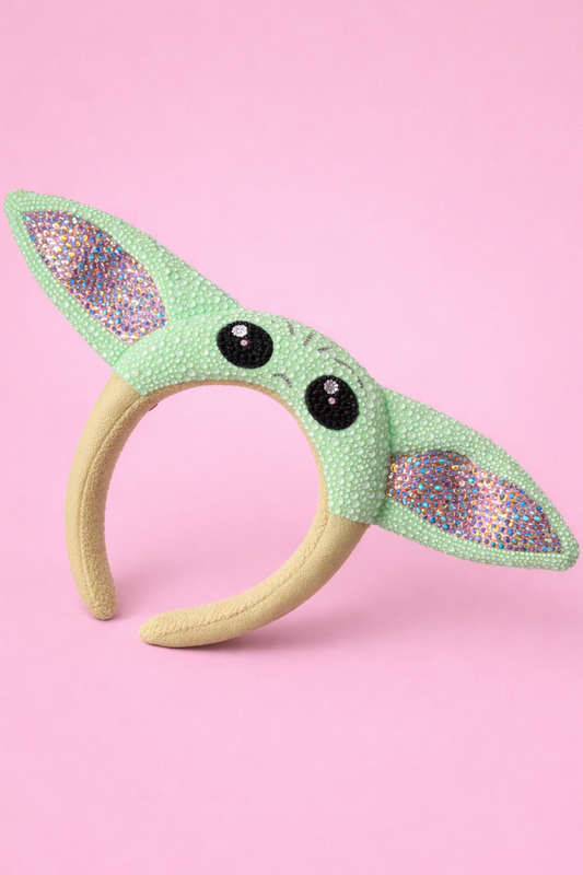 Rhinestoned Baby Yoda Ears Grogu – Hand-Embellished Licensed Disney Ear Headband – Sparkly Theme Park Ears