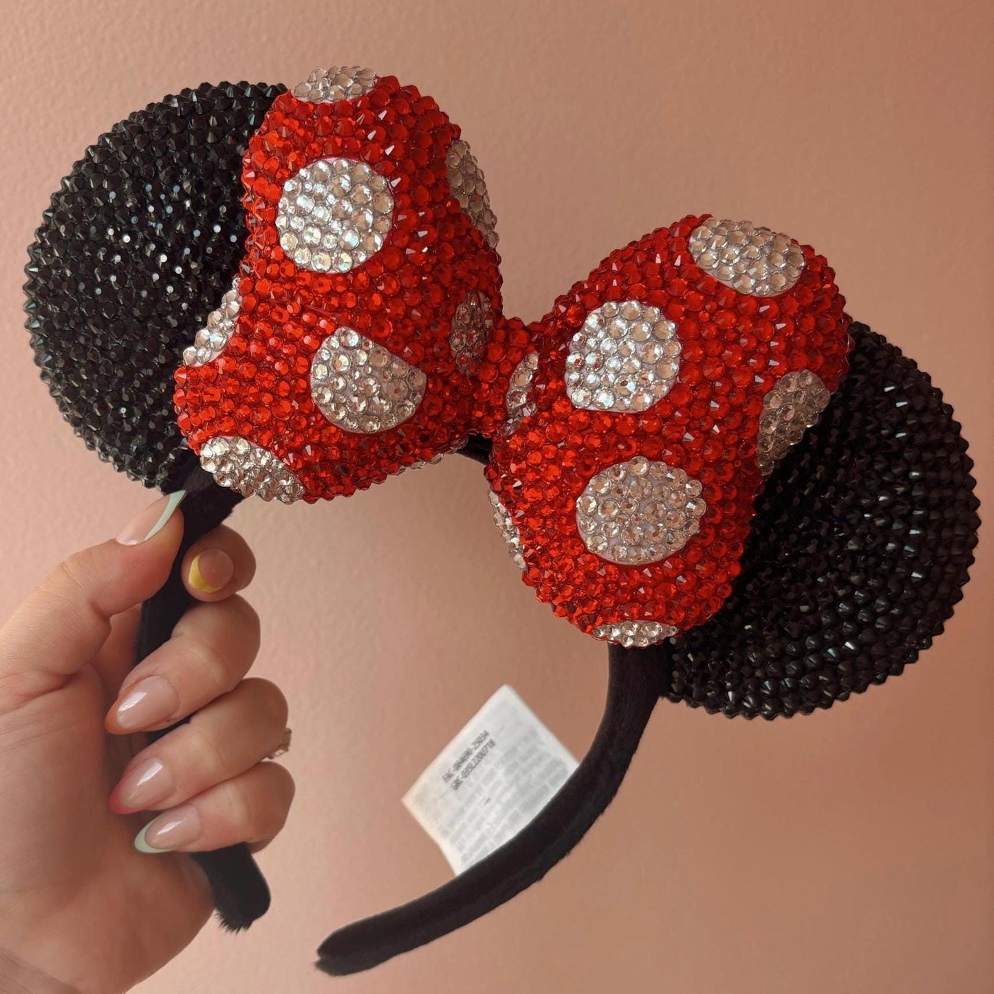 Rhinestoned Ears Headband – Hand-Embellished with Glass Rhinestones – Sparkly Luxury Theme Park Ears – Classic Minnie