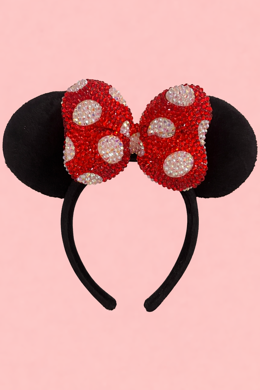 Rhinestoned Ears Headband – Hand-Embellished with Glass Rhinestones – Sparkly Luxury Theme Park Ears – Classic Minnie