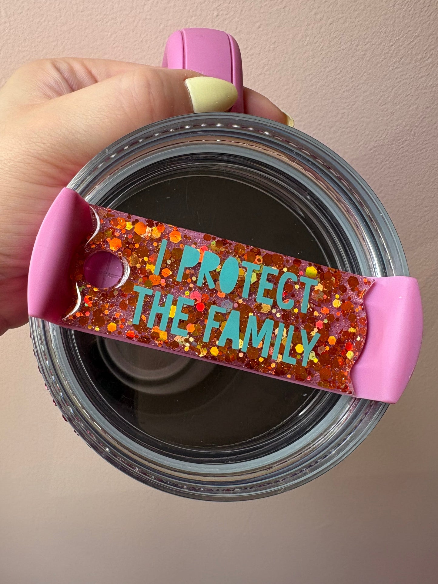"I Protect the Family" Glitter Resin Tumbler Topper | Stanley Cup Tag | Handmade