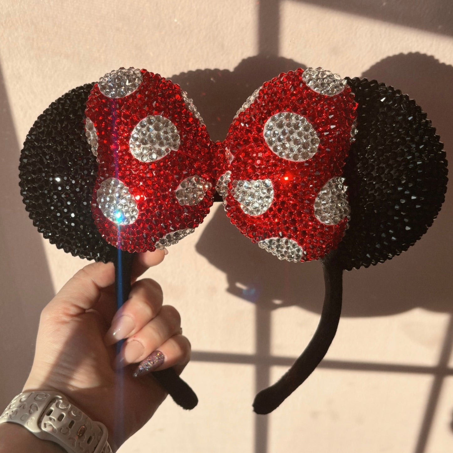Rhinestoned Ears Headband – Hand-Embellished with Glass Rhinestones – Sparkly Luxury Theme Park Ears – Classic Minnie