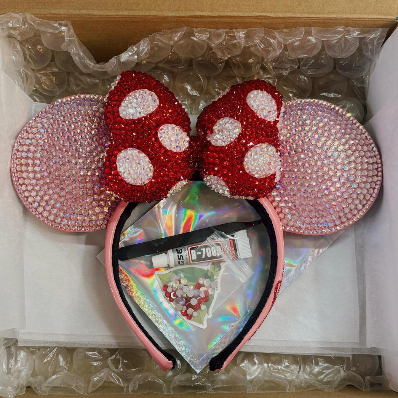 Rhinestoned Ears Headband – Hand-Embellished with Glass Rhinestones – Sparkly Luxury Theme Park Ears – Classic Minnie