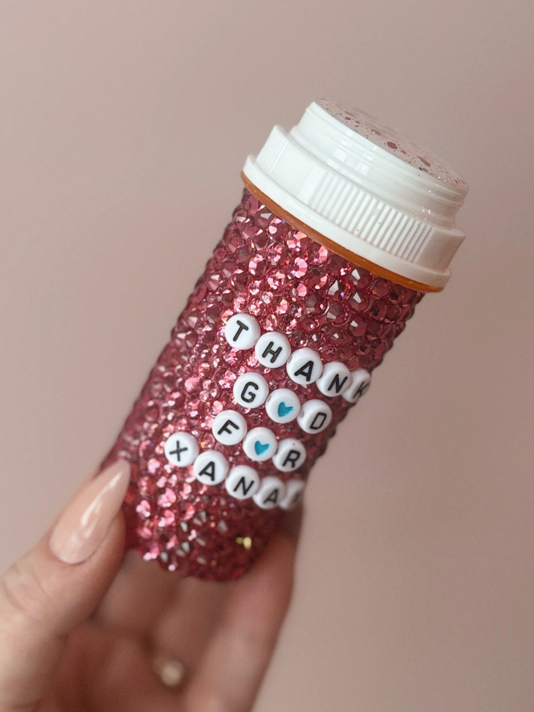 Custom Bling Pill Bottle – Hand-Embellished Rhinestone Medicine Case – Personalized Sparkle Prescription Holder
