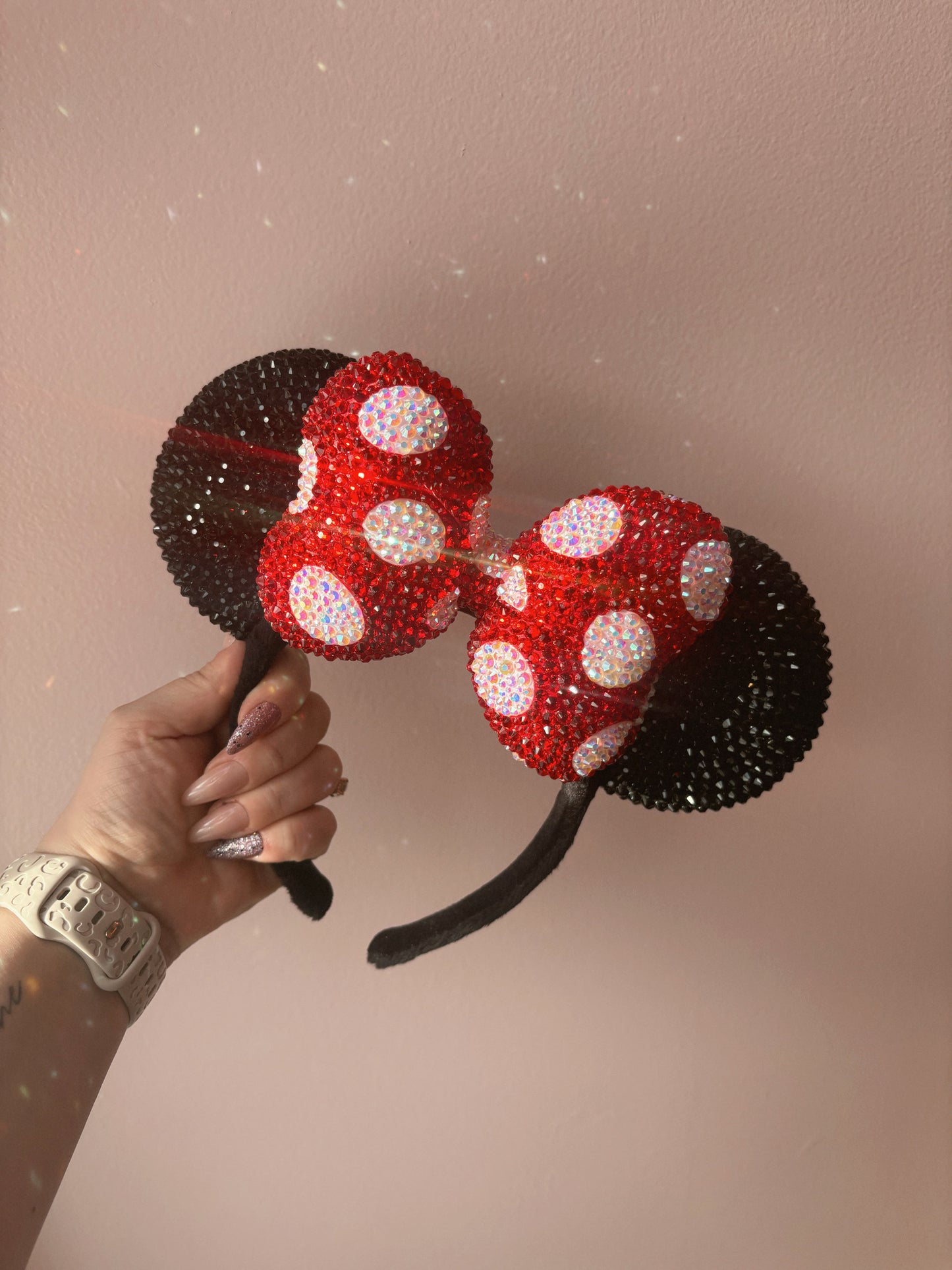 Rhinestoned Ears Headband – Hand-Embellished with Glass Rhinestones – Sparkly Luxury Theme Park Ears – Classic Minnie