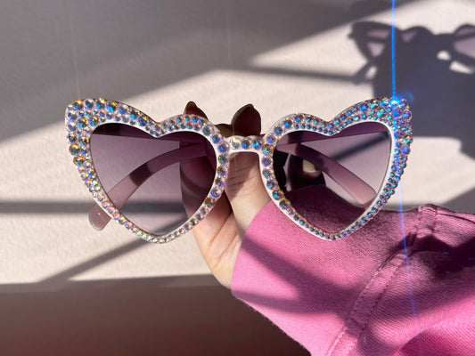 Pink AB Rhinestone Heart Sunglasses | Bling Festival Sunnies | Iridescent Crystal Heart Frames