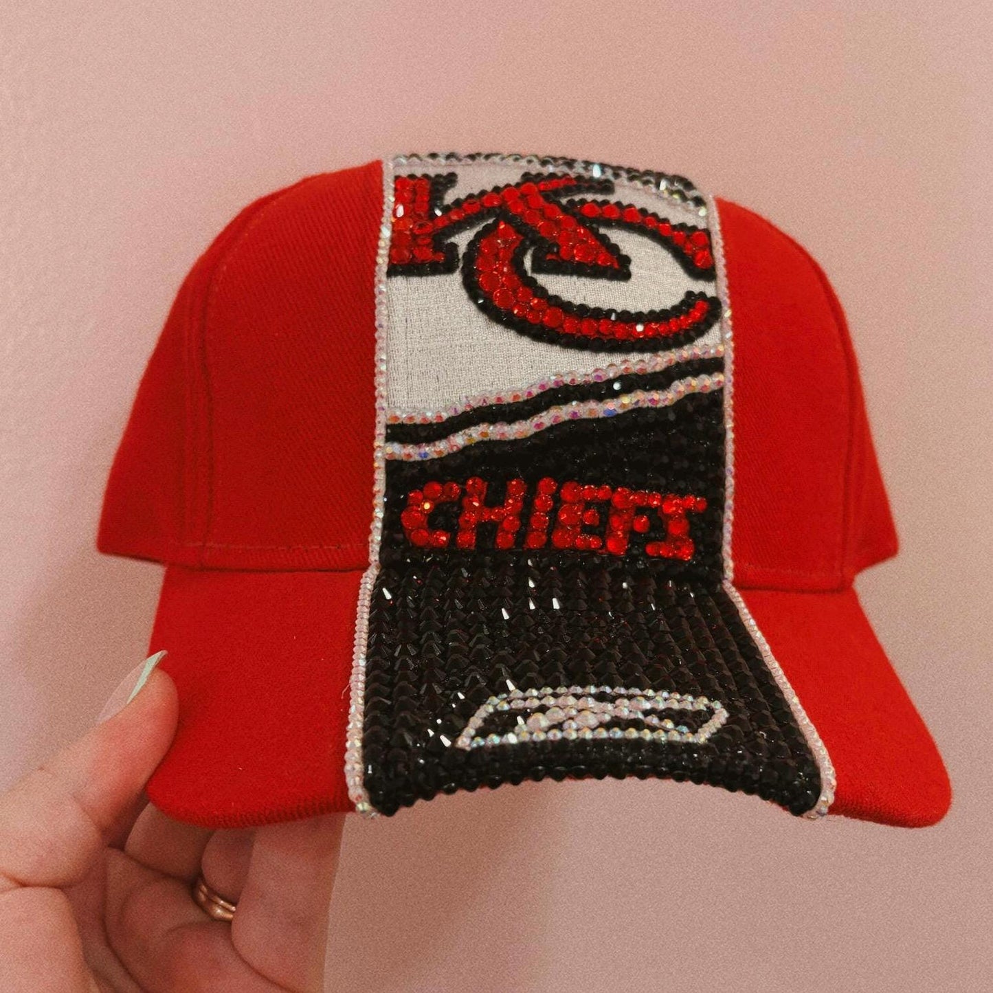 Blinged NFL Hat – Hand-Embellished with Glass Rhinestones – Sparkly Football Fan Hat – Kansas City Chiefs