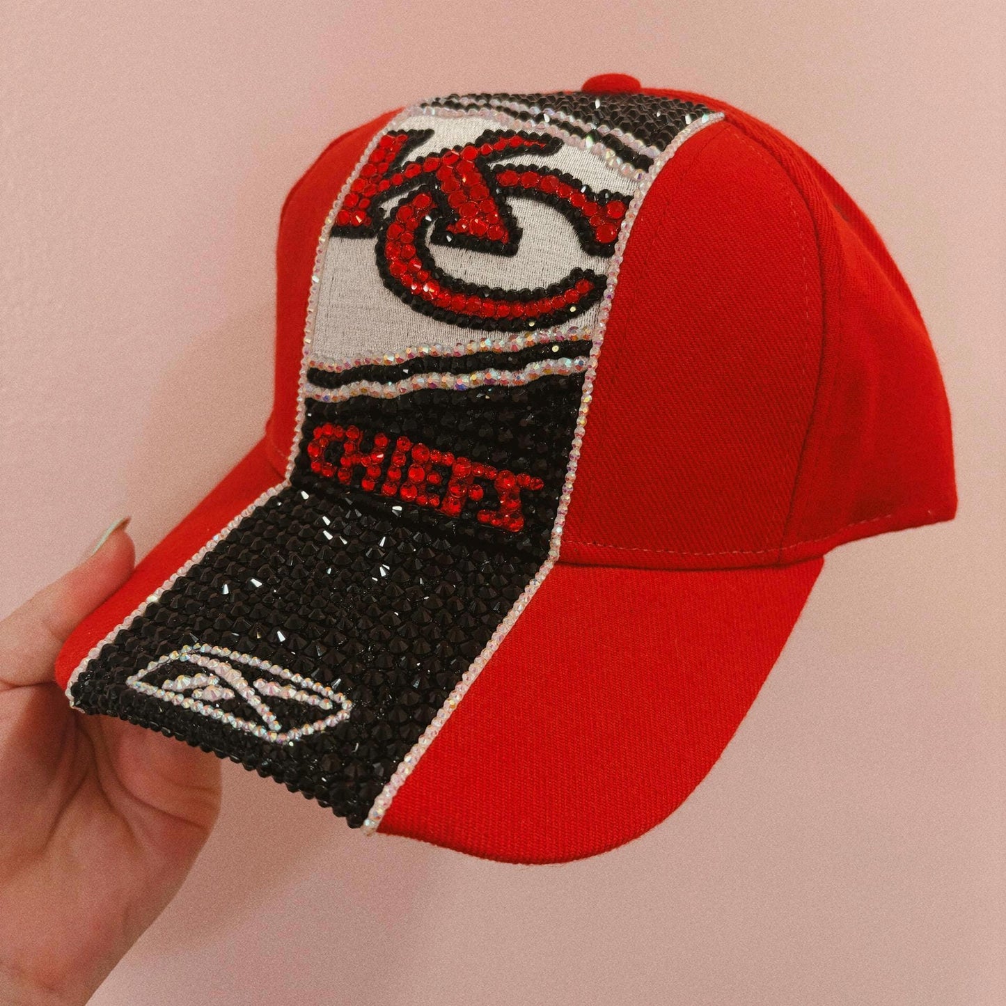 Blinged NFL Hat – Hand-Embellished with Glass Rhinestones – Sparkly Football Fan Hat – Kansas City Chiefs