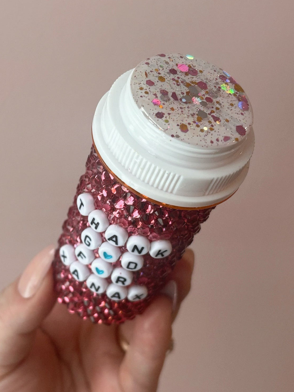 Custom Bling Pill Bottle – Hand-Embellished Rhinestone Medicine Case – Personalized Sparkle Prescription Holder
