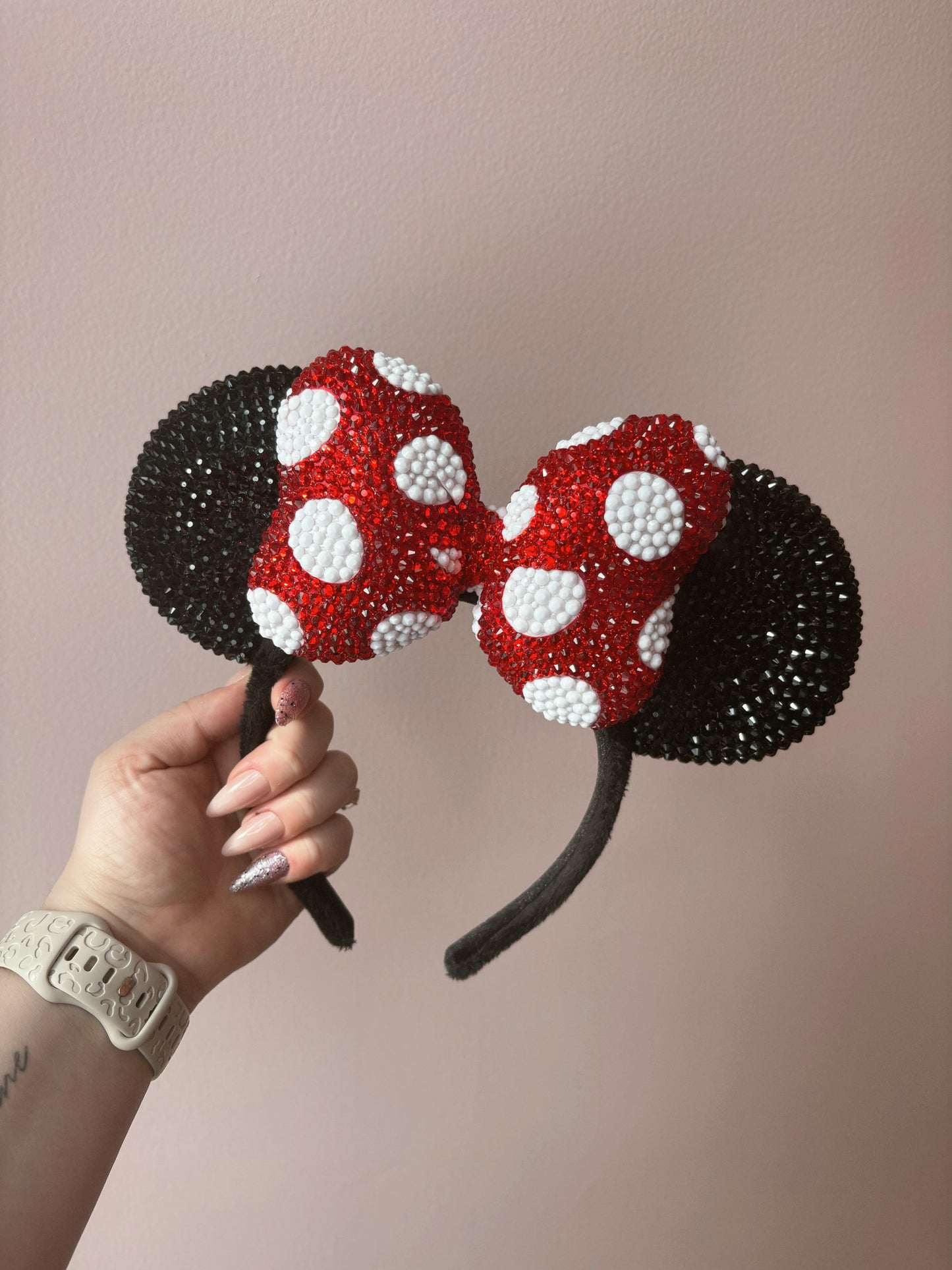 Rhinestoned Ears Headband – Hand-Embellished with Glass Rhinestones – Sparkly Luxury Theme Park Ears – Classic Minnie