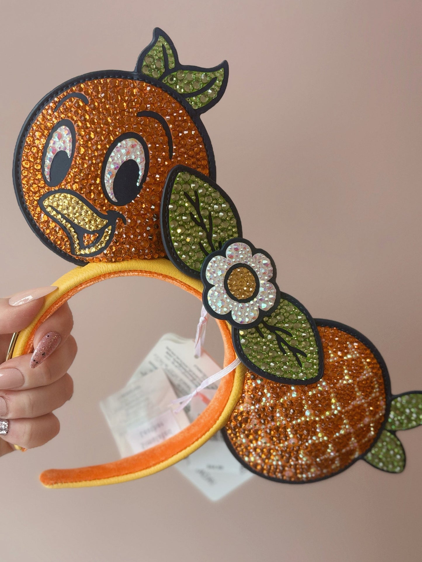 Rhinestoned Ears Headband – Hand-Embellished with Glass Rhinestones – Sparkly Luxury Theme Park Ears – Orange Bird Epcot