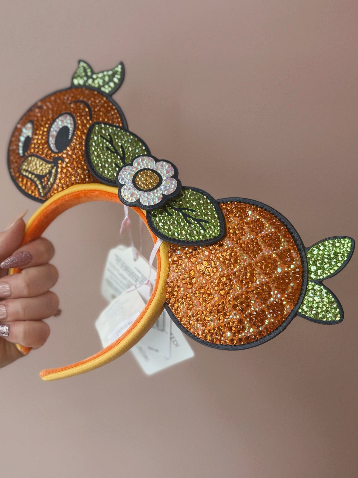 Rhinestoned Ears Headband – Hand-Embellished with Glass Rhinestones – Sparkly Luxury Theme Park Ears – Orange Bird Epcot