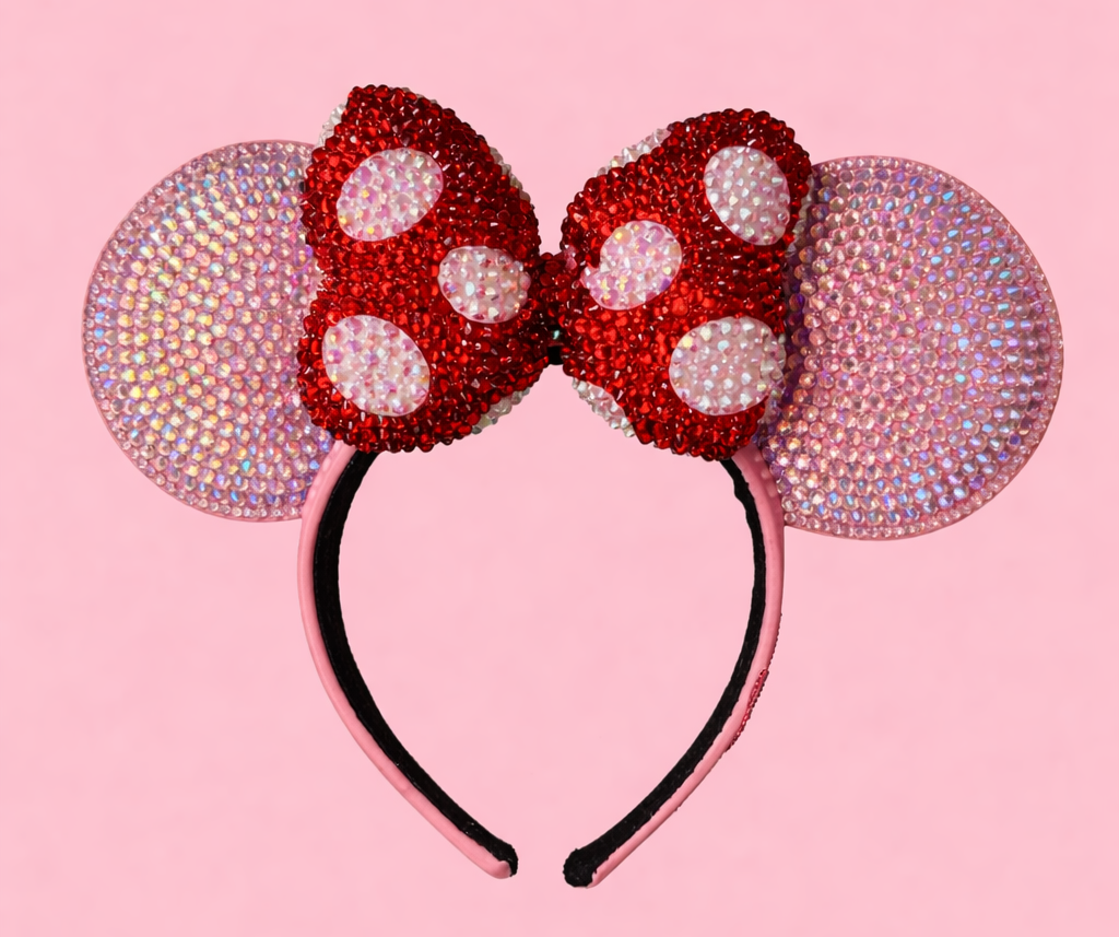 Rhinestoned Ears Headband – Hand-Embellished with Glass Rhinestones – Sparkly Luxury Theme Park Ears – Classic Minnie
