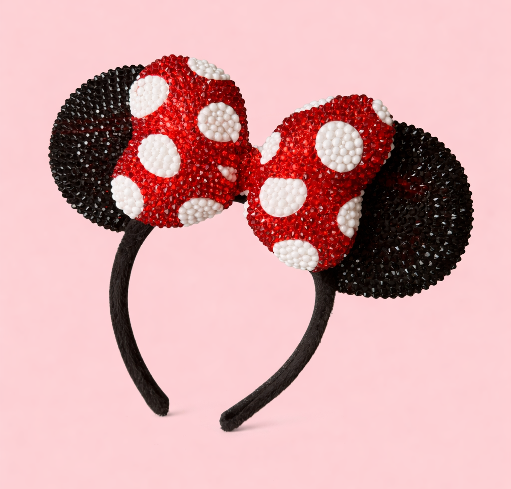Rhinestoned Ears Headband – Hand-Embellished with Glass Rhinestones – Sparkly Luxury Theme Park Ears – Classic Minnie