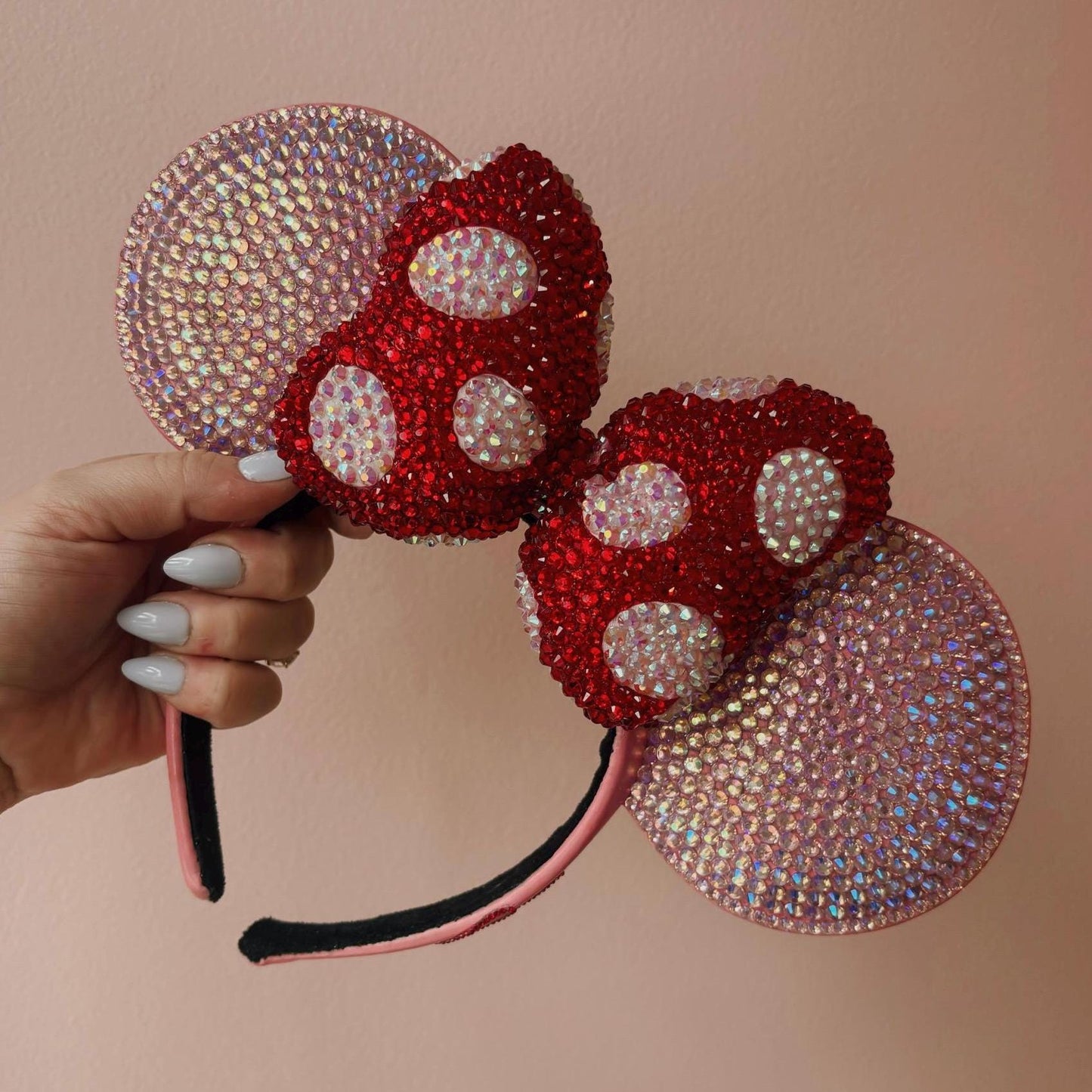 Rhinestoned Ears Headband – Hand-Embellished with Glass Rhinestones – Sparkly Luxury Theme Park Ears – Classic Minnie