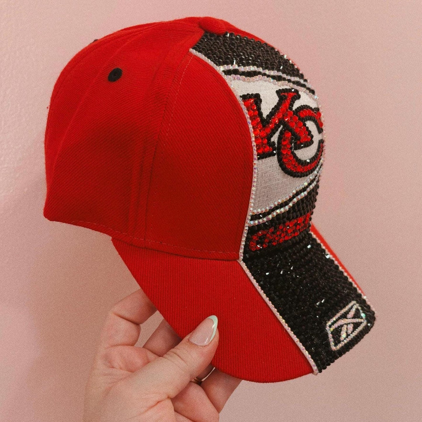 Blinged NFL Hat – Hand-Embellished with Glass Rhinestones – Sparkly Football Fan Hat – Kansas City Chiefs