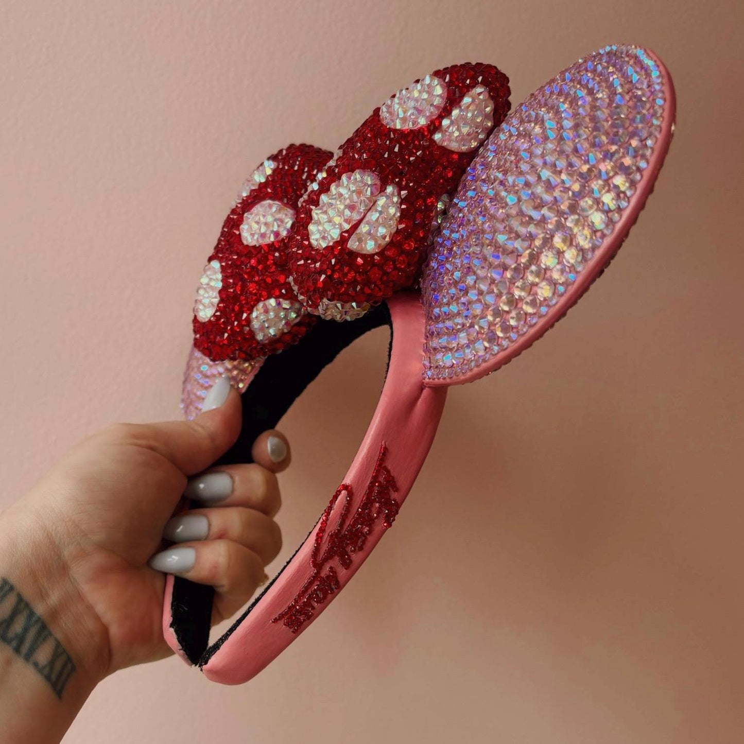 Rhinestoned Ears Headband – Hand-Embellished with Glass Rhinestones – Sparkly Luxury Theme Park Ears – Classic Minnie