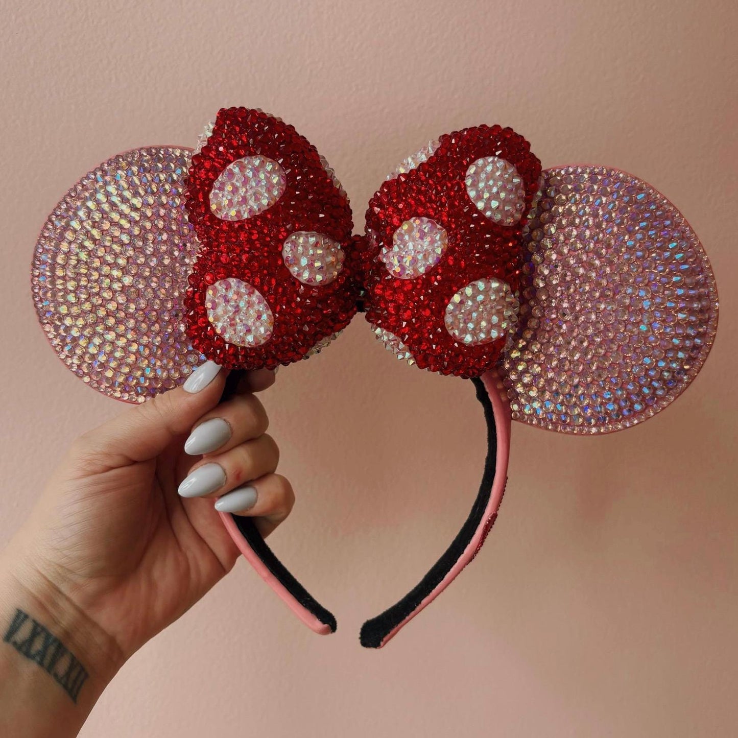 Rhinestoned Ears Headband – Hand-Embellished with Glass Rhinestones – Sparkly Luxury Theme Park Ears – Classic Minnie